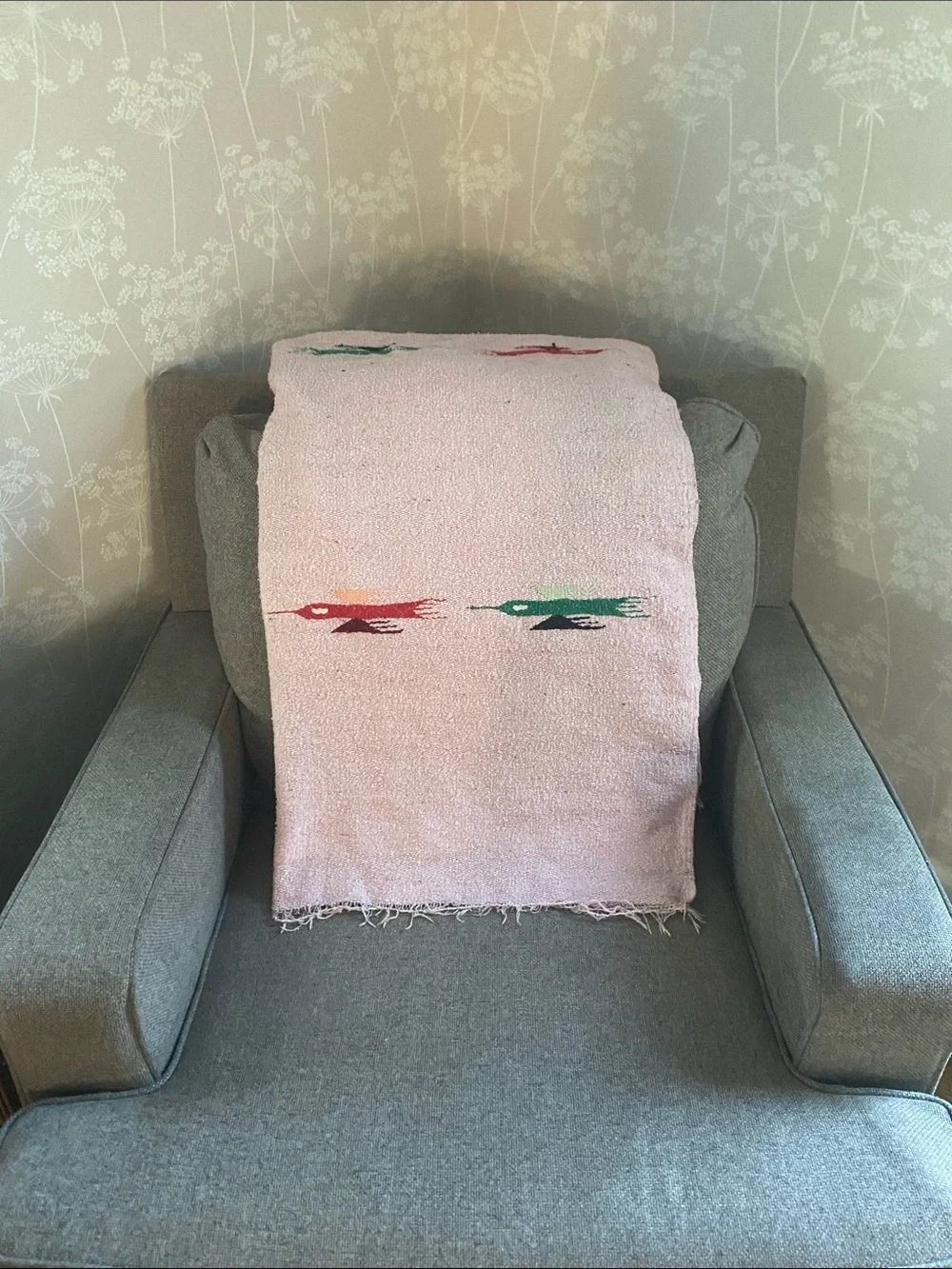 Pale Pink Handknit Throw Blanket with Bird Motif